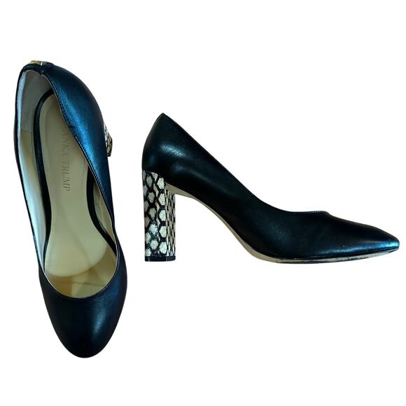 Ivanka Trump Filipas Black Leather Heels Snakeskin Block 3” Pumps Size 8M - Picture 1 of 13